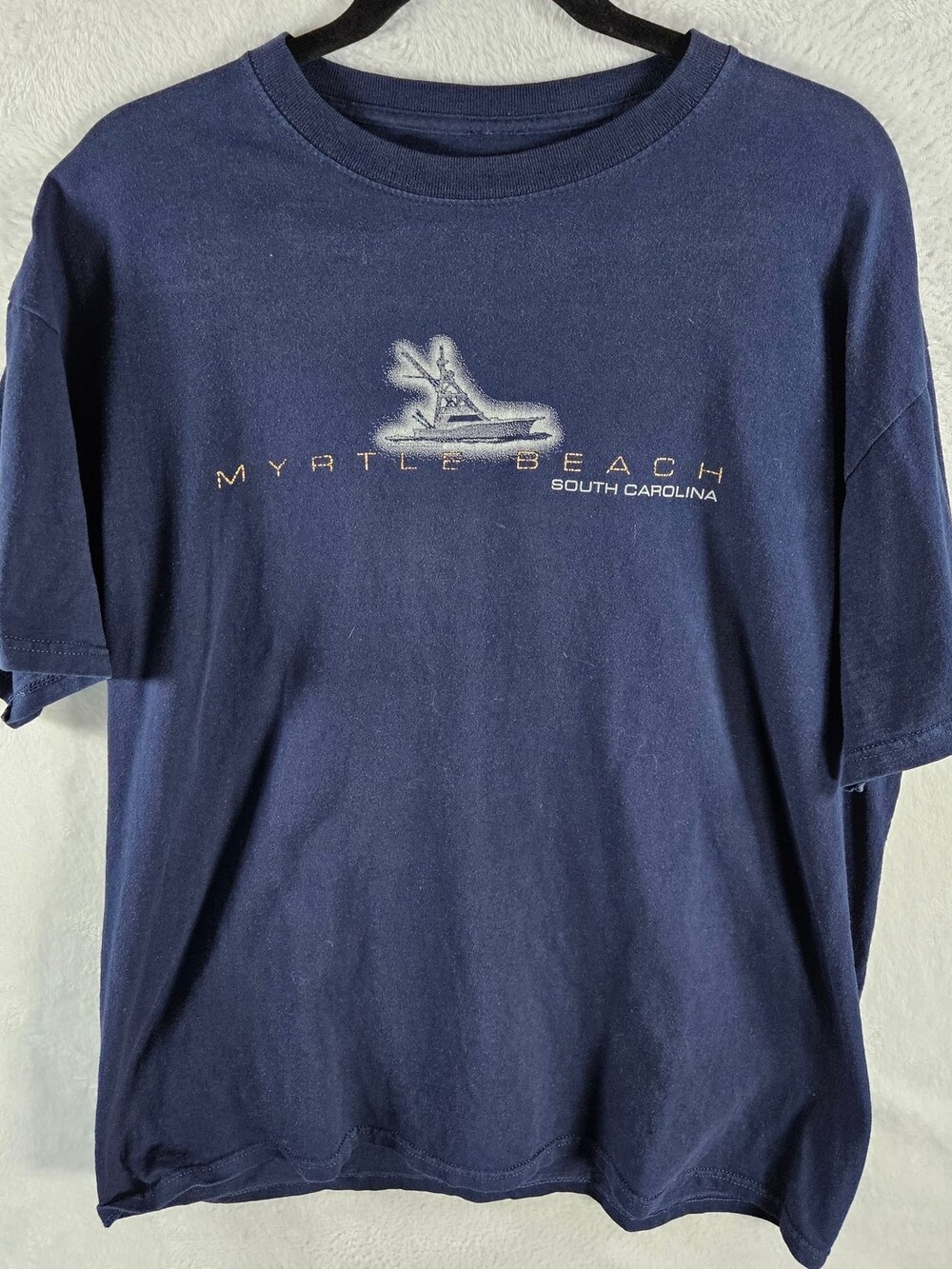 VTG Myrtle Beach Graphic T-Shirt Fishing Boat Navy Blue Size Large *Fits As M